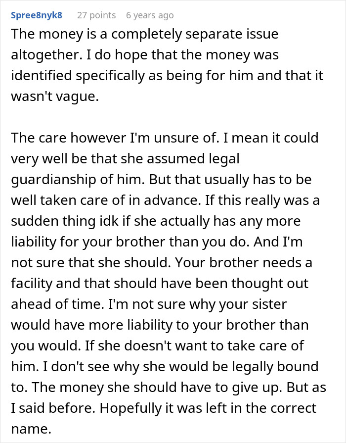 Text post discussing legal guardianship and financial responsibility for an autistic brother after sister abandons him. Text post discussing legal guardianship and financial responsibility for an autistic brother after sister abandons him.