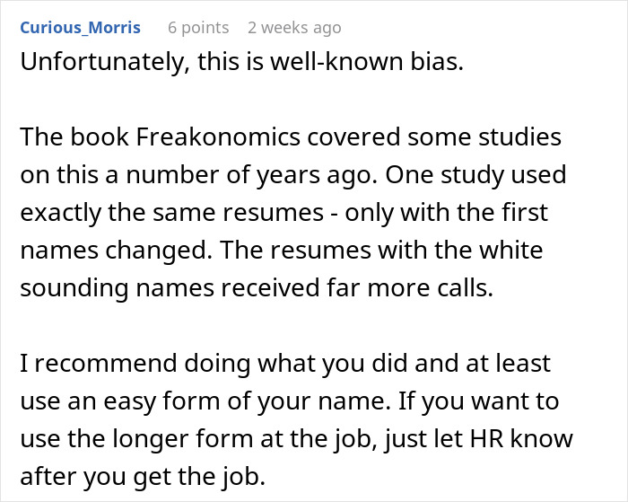 Comment discussing bias in job offers related to woman changing her name to a more white-sounding one. Comment discussing bias in job offers related to woman changing her name to a more white-sounding one.