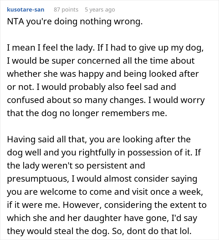 Comment discussing woman adopting dog and facing harassment from previous owners over name, food, and vet changes