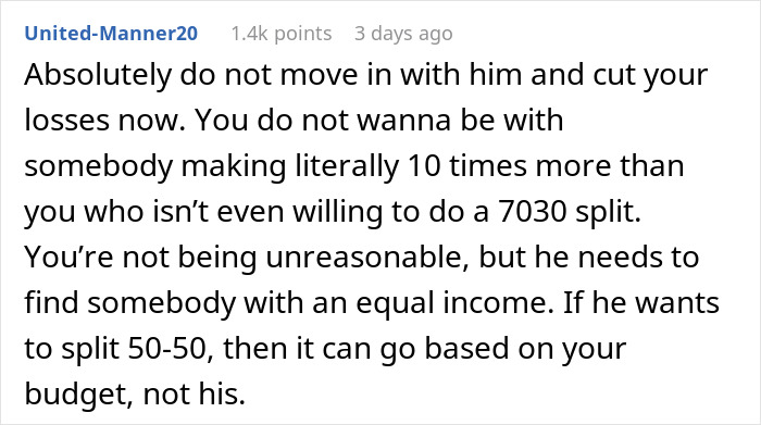 Comment discussing rich boyfriend demands equal split rent while girlfriend refuses and income inequality in relationship budgeting. Comment discussing rich boyfriend demands equal split rent while girlfriend refuses and income inequality in relationship budgeting.