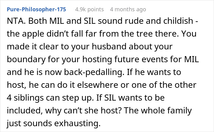 Comment discussing MIL no-show and DIL refusing future celebrations at their house, highlighting family tensions and boundaries. Comment discussing MIL no-show and DIL refusing future celebrations at their house, highlighting family tensions and boundaries.