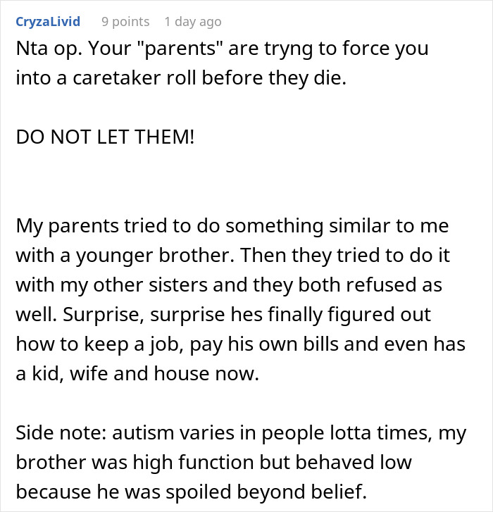 Screenshot of an online forum comment discussing neglect faced by sibling of autistic and epileptic brothers and parental demands.