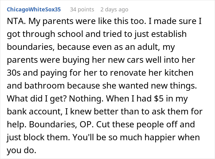 Reddit comment discussing parents spoiling daughter and neglecting son, highlighting family financial imbalance and boundaries. Reddit comment discussing parents spoiling daughter and neglecting son, highlighting family financial imbalance and boundaries.