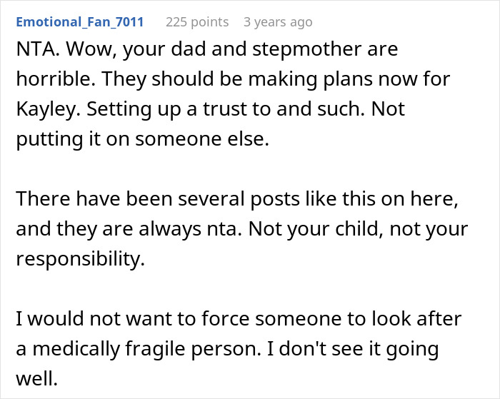Screenshot of a Reddit comment discussing caregiver role preparation and refusal for a disabled stepsister. Screenshot of a Reddit comment discussing caregiver role preparation and refusal for a disabled stepsister.