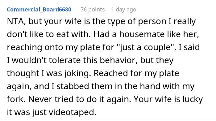 Screenshot of a Reddit comment discussing family drama after a man films his wife secretly to prove she eats his fries.