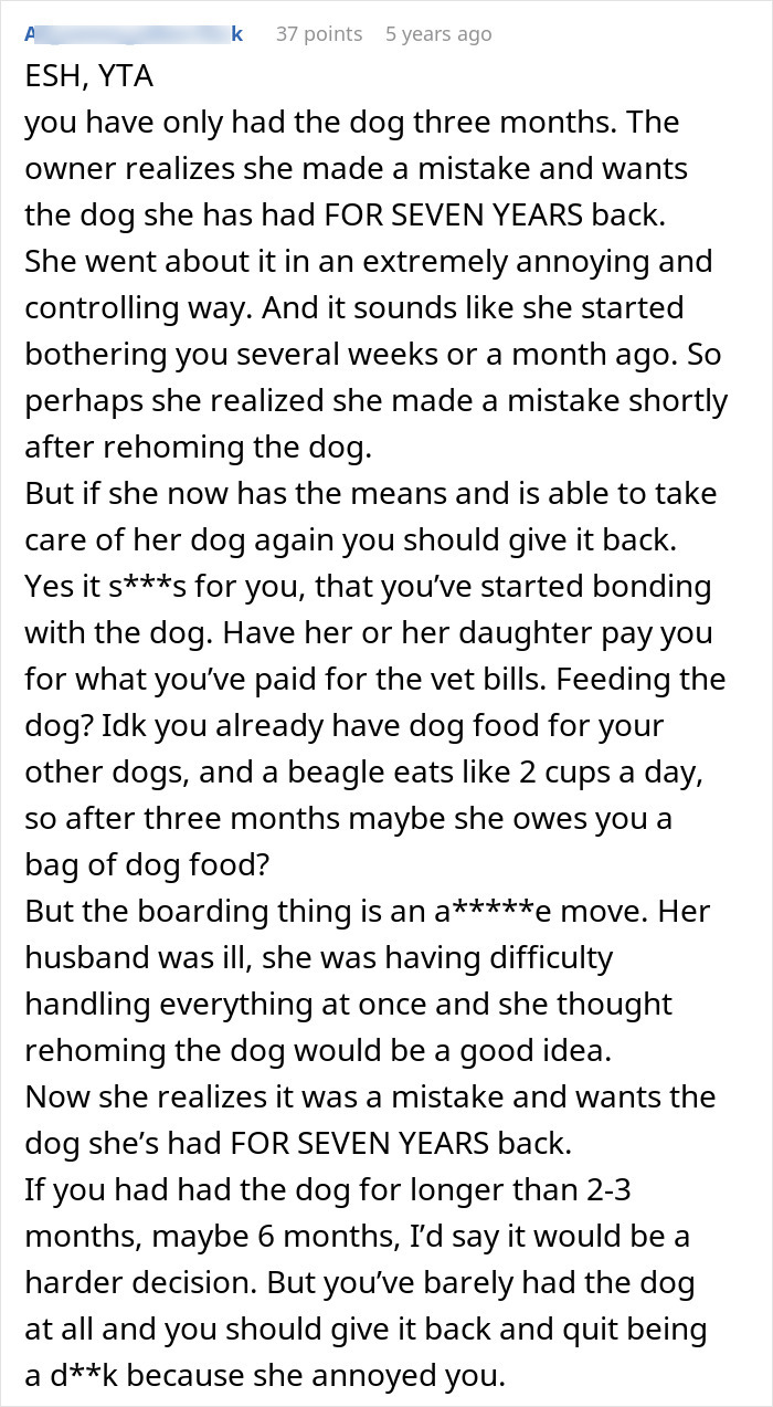 Comment explaining dog adoption dispute, mentioning previous owners harassing new owner over name, food, and vet care changes.