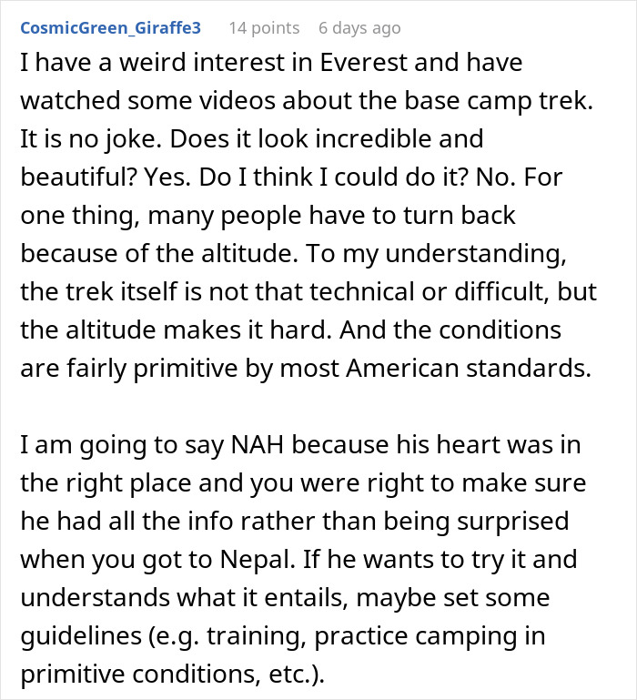 Screenshot of a Reddit comment discussing a man getting majorly hurt after his wife asks to cancel their anniversary trip surprise. Screenshot of a Reddit comment discussing a man getting majorly hurt after his wife asks to cancel their anniversary trip surprise.