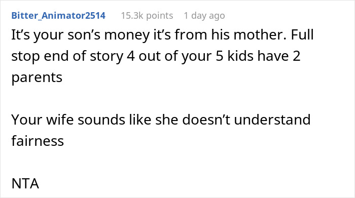 Online comment discussing wife throwing tantrum over husband not revealing stepson's inheritance from late mother. Online comment discussing wife throwing tantrum over husband not revealing stepson's inheritance from late mother.