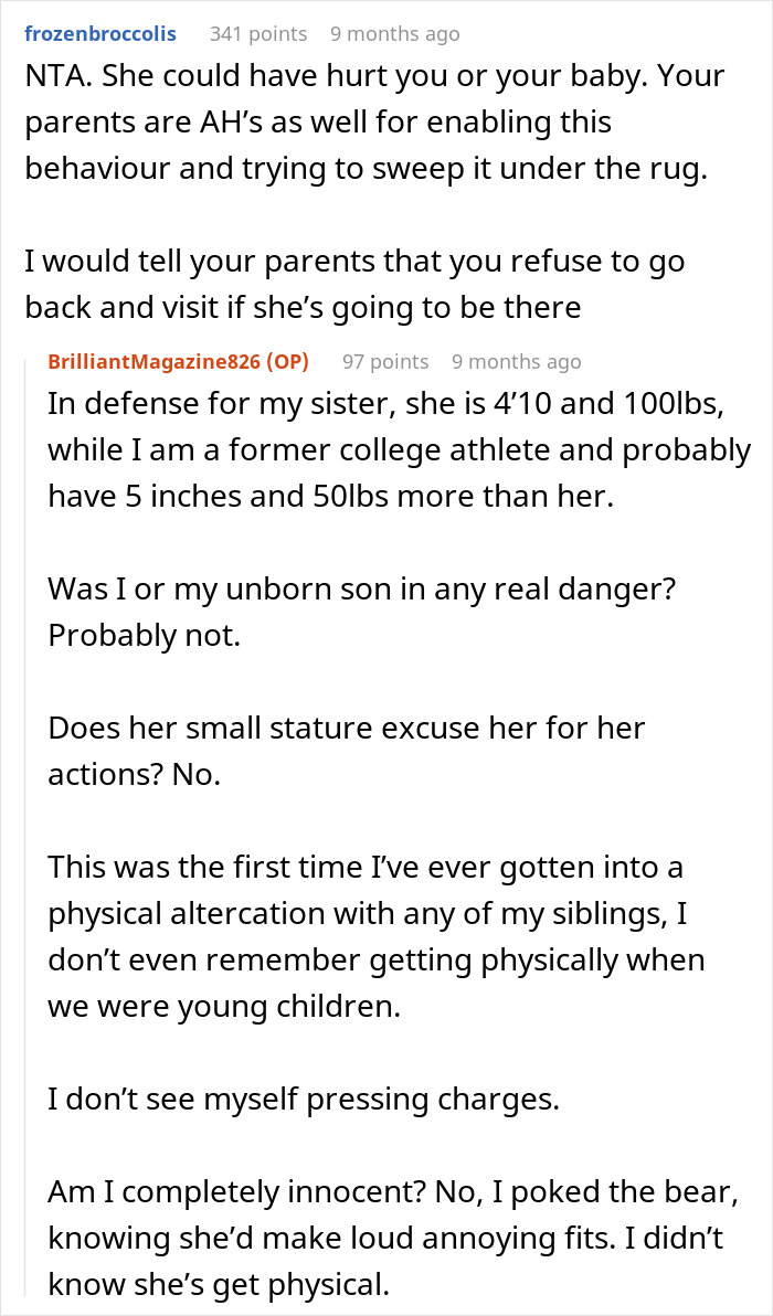 Reddit comments discussing a pregnant woman going no-contact with her sister after a Thanksgiving conflict. Reddit comments discussing a pregnant woman going no-contact with her sister after a Thanksgiving conflict.