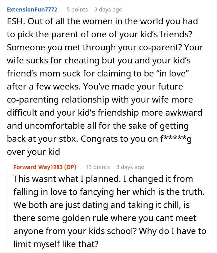 Reddit comments discussing wife cheating and new relationship, with criticism about co-parenting challenges and dating after divorce. Reddit comments discussing wife cheating and new relationship, with criticism about co-parenting challenges and dating after divorce.
