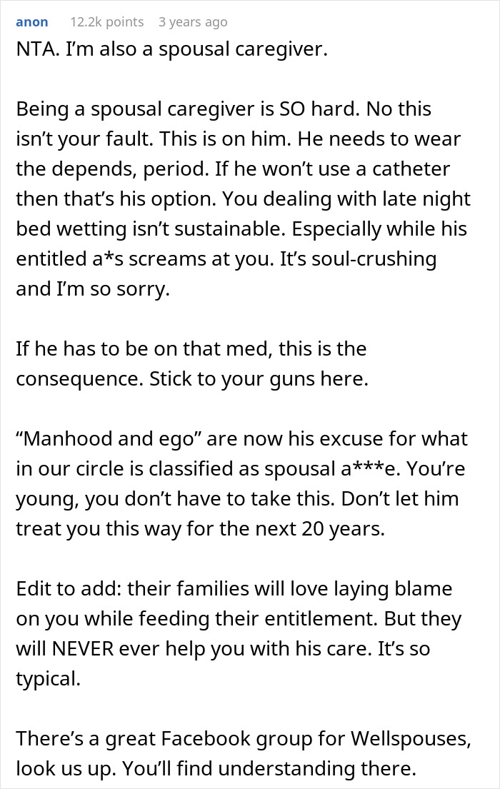 Reddit comment from a spousal caregiver discussing challenges of bed cleaning and refusal to use diapers or catheter. Reddit comment from a spousal caregiver discussing challenges of bed cleaning and refusal to use diapers or catheter.