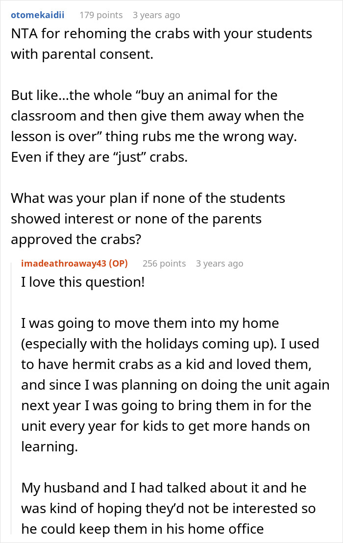 Comments discussing a teacher giving kids hermit crabs as pets and parental concerns after one dies. Comments discussing a teacher giving kids hermit crabs as pets and parental concerns after one dies.