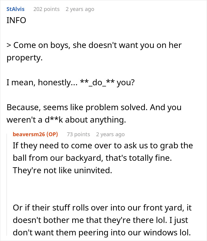 Online discussion highlighting neighbor blaming woman for wanting privacy while kids peek through windows. Online discussion highlighting neighbor blaming woman for wanting privacy while kids peek through windows.