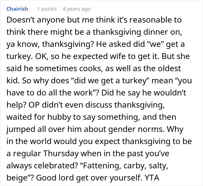 Woman upset as husband assumed she planned Thanksgiving, causing tension over traditional holiday roles and expectations. Woman upset as husband assumed she planned Thanksgiving, causing tension over traditional holiday roles and expectations.