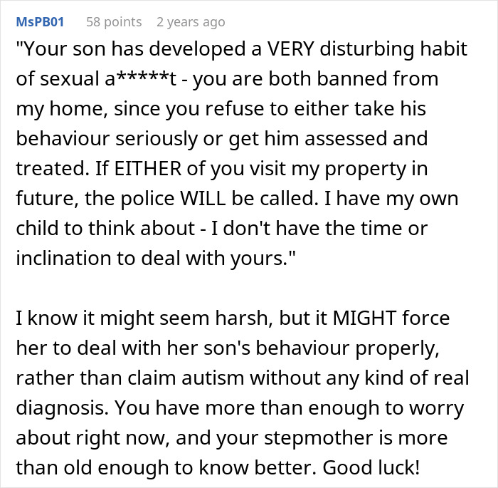 Comment discussing disturbing behavior of 11-year-old stepson and parents refusing to get help or assessment. Comment discussing disturbing behavior of 11-year-old stepson and parents refusing to get help or assessment.