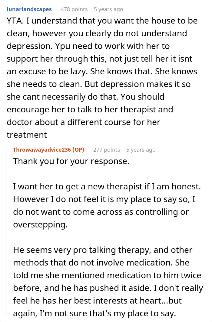 Reddit conversation discussing depression not as an excuse for laziness and the importance of therapy support. Reddit conversation discussing depression not as an excuse for laziness and the importance of therapy support.
