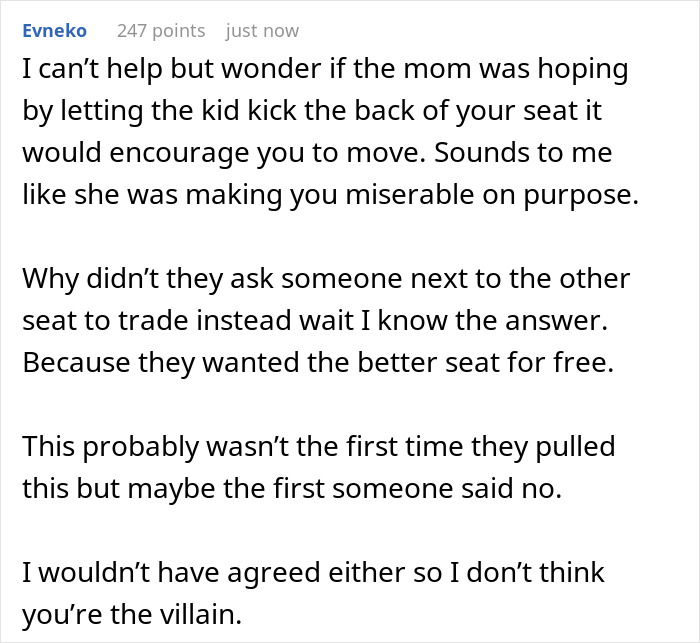Comment discussing rude family trying to bully lady out of plane seat and coworkers branding her a villain. Comment discussing rude family trying to bully lady out of plane seat and coworkers branding her a villain.