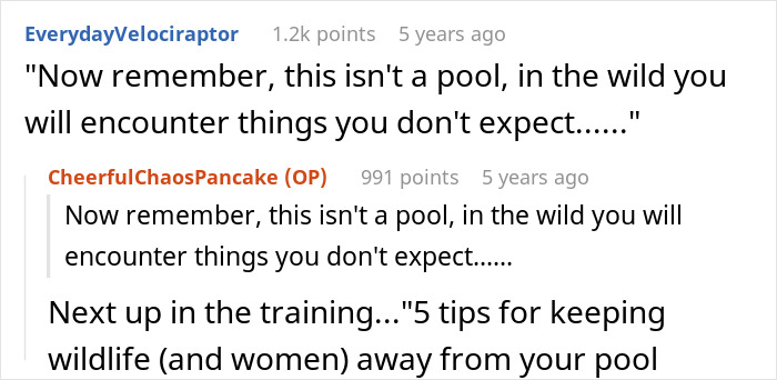 Screenshot of a Reddit conversation where a user humorously warns about unexpected wildlife, linking to military diver rescue context. Screenshot of a Reddit conversation where a user humorously warns about unexpected wildlife, linking to military diver rescue context.