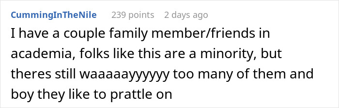 User comment text about family members and friends in academia, relating to obnoxious dinner guest husband dreadful behavior. User comment text about family members and friends in academia, relating to obnoxious dinner guest husband dreadful behavior.