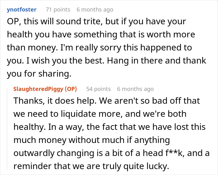 Reddit comments discussing an educated person falling for a scam investment causing zero savings and immense debt.