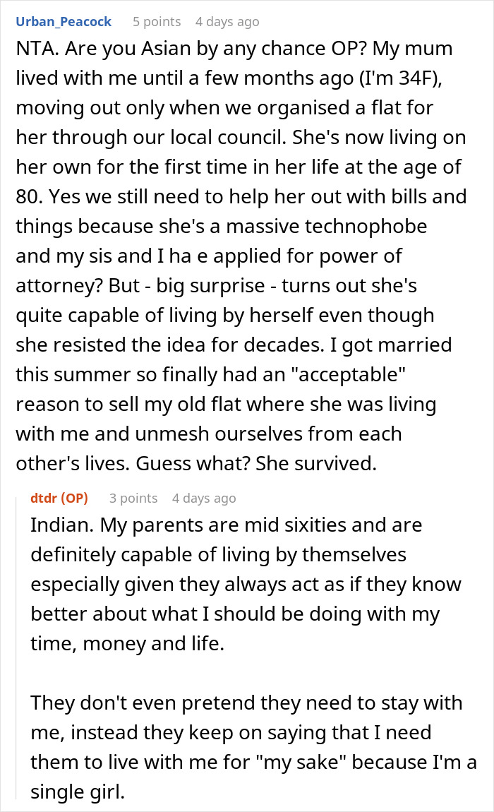 Screenshot of an online forum discussing manipulative parents exploiting their 30-year-old daughter financially and emotionally.