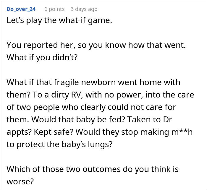 ALT text: Screenshot of a user discussing reporting sister to CPS over illegal baby adoption concerns in a Reddit comment.