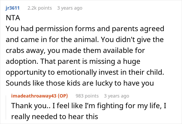 Screenshot of a Reddit discussion on teacher giving kids hermit crabs as pets and facing backlash after one dies. Screenshot of a Reddit discussion on teacher giving kids hermit crabs as pets and facing backlash after one dies.