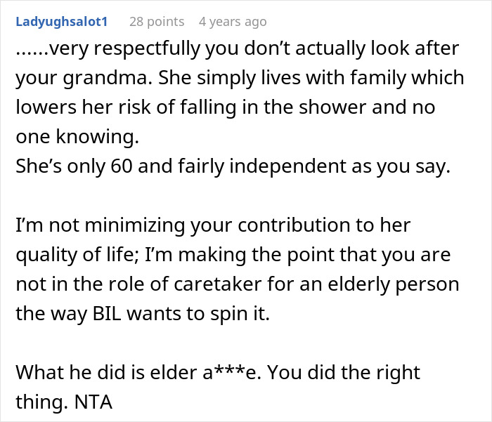 Comment discussing BIL trying to dump grandma on wife’s siblings and sister called selfish for refusal to help care. Comment discussing BIL trying to dump grandma on wife’s siblings and sister called selfish for refusal to help care.