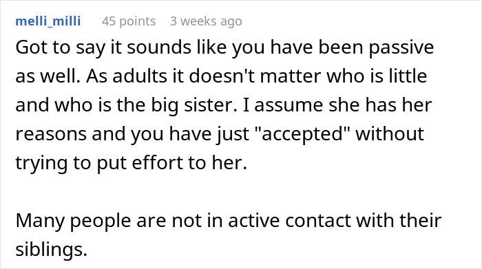 Screenshot of a Reddit comment discussing passive sibling relationships and lack of active contact with siblings.