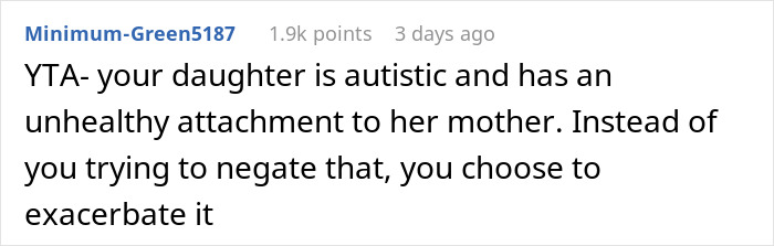 Screenshot of a Reddit comment discussing a woman’s work trip that was actually a vacation and her autistic child refusing to go home.