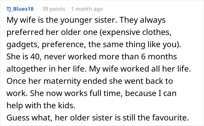 Comment discussing toxic parents favoring the golden child son while the younger son refuses to help with the house. Comment discussing toxic parents favoring the golden child son while the younger son refuses to help with the house.