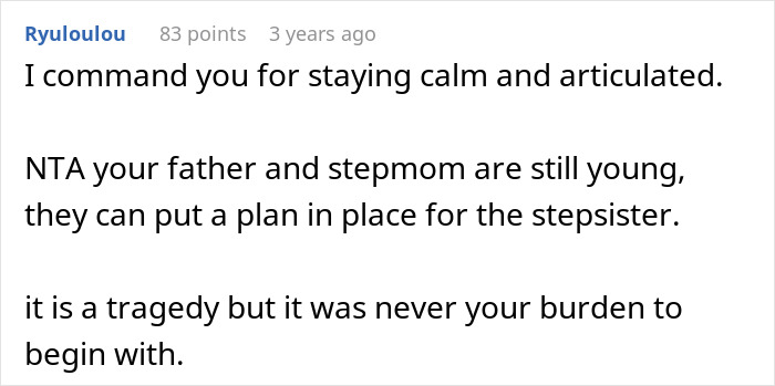 Commenter discussing a 19-year-old refusing caregiver role for disabled stepsister and the family's reaction to it.