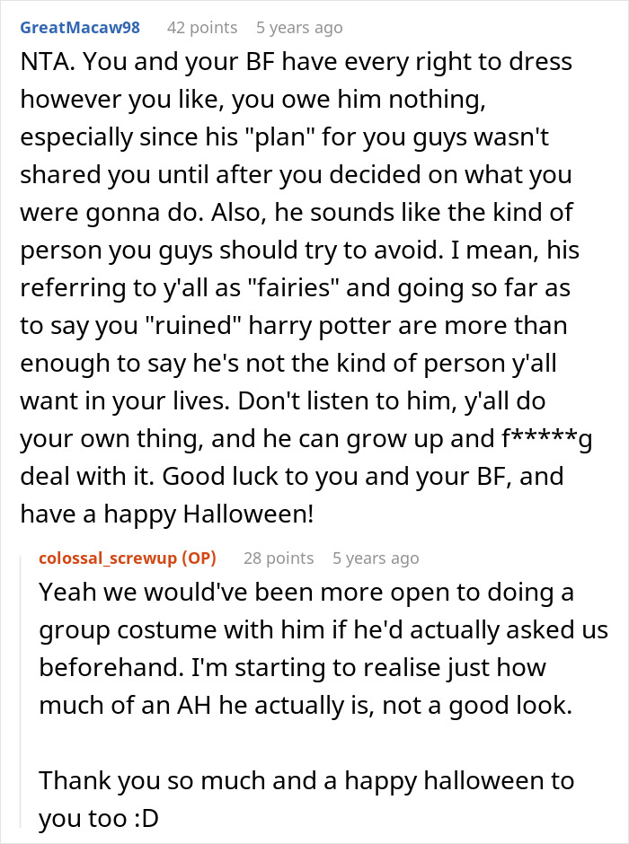 Reddit comments discussing masculinity fragile behavior causing relationship issues over Halloween costume choice. Reddit comments discussing masculinity fragile behavior causing relationship issues over Halloween costume choice.
