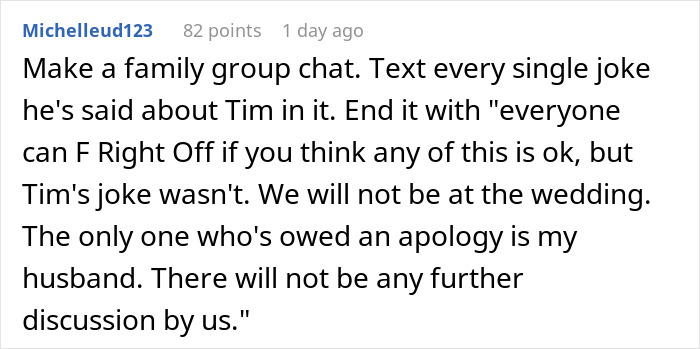 Screenshot of a Reddit comment discussing uninviting a brother-in-law from a wedding after joking back.