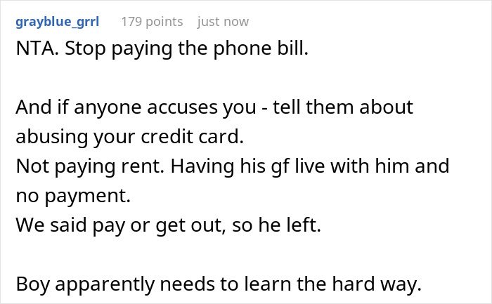 Screenshot of a Reddit comment advising to stop paying bills and evict a mooching adult child who steals money from parents. Screenshot of a Reddit comment advising to stop paying bills and evict a mooching adult child who steals money from parents.