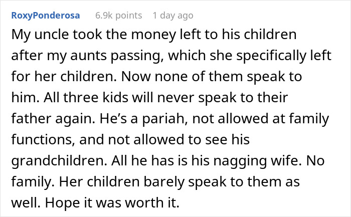 Alt text: Reddit comment about family conflict over inheritance involving stepson and wife's tantrum after husband's silence. Alt text: Reddit comment about family conflict over inheritance involving stepson and wife's tantrum after husband's silence.