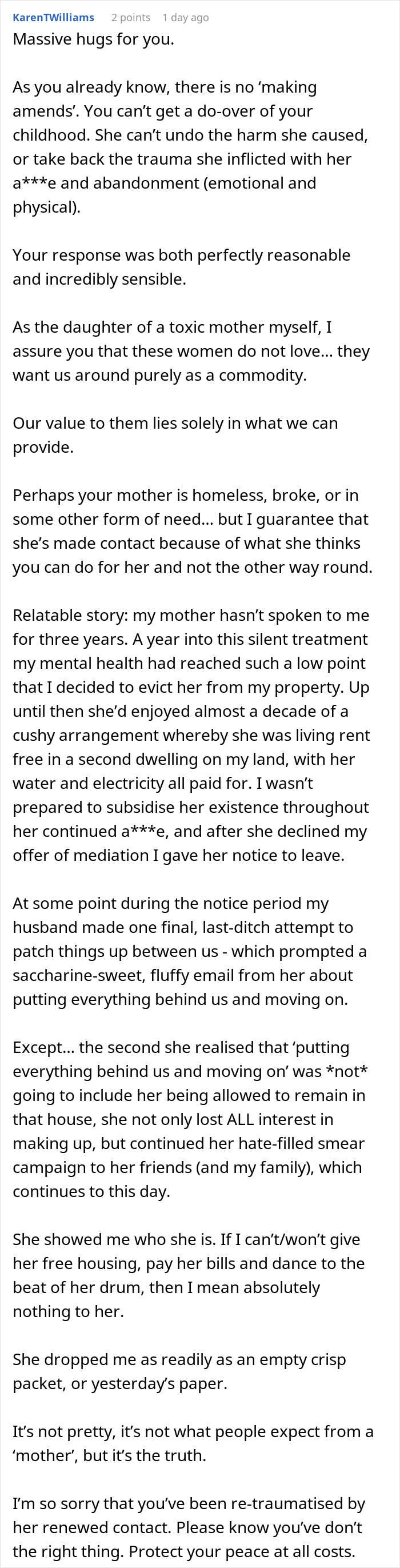 Comment sharing a personal story about toxic mother-daughter relationships and unwillingness to reconcile. Comment sharing a personal story about toxic mother-daughter relationships and unwillingness to reconcile.