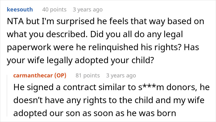 Screenshot of a Reddit conversation about IVF, legal rights, and parental roles after helping sister-in-law conceive. Screenshot of a Reddit conversation about IVF, legal rights, and parental roles after helping sister-in-law conceive.