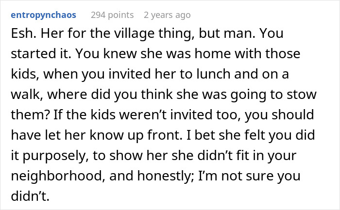 Text post discussing conflict between mom of 4 bringing kids to group activities and neighbor stopping invites due to disruption. Text post discussing conflict between mom of 4 bringing kids to group activities and neighbor stopping invites due to disruption.