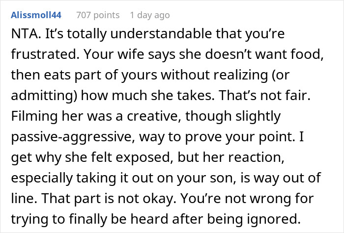 Commenter explains frustration over wife secretly eating fries, praises filming as proof, and criticizes her reaction toward family.