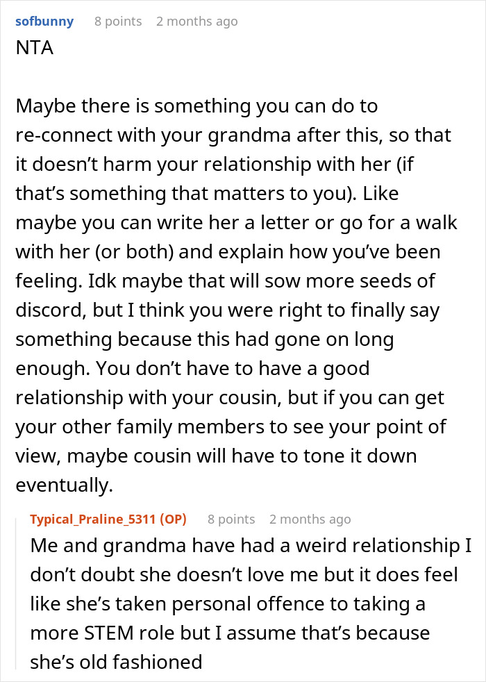 Text conversation discussing a teen losing patience with a golden child cousin overshadowing their celebration. Text conversation discussing a teen losing patience with a golden child cousin overshadowing their celebration.