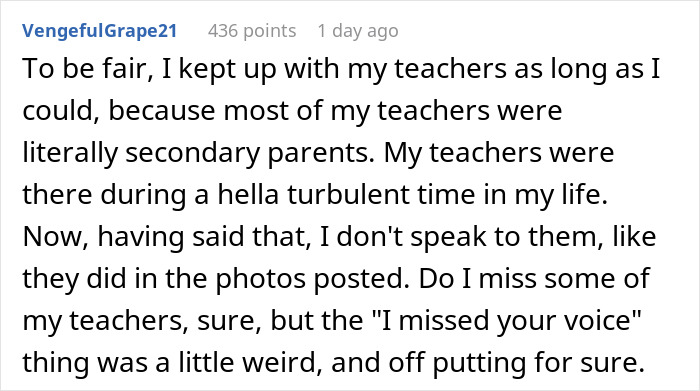 Comment discussing interactions with teachers reflecting on texts from a 43YO to a former student, shared for judgment. Comment discussing interactions with teachers reflecting on texts from a 43YO to a former student, shared for judgment.