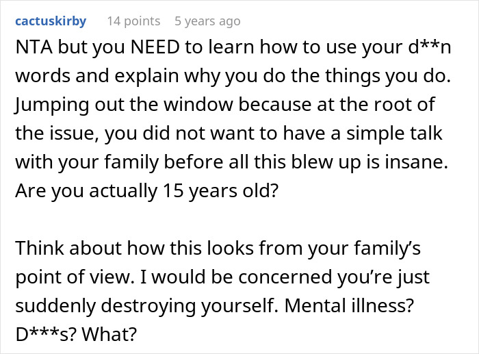 Comment discussing a guy running out the window after his mom's attempt to reconcile him with his ex-fiancé. Comment discussing a guy running out the window after his mom's attempt to reconcile him with his ex-fiancé.
