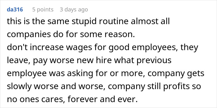 User comment discussing companies not raising wages for employees while paying new hires more amid changing market conditions. User comment discussing companies not raising wages for employees while paying new hires more amid changing market conditions.