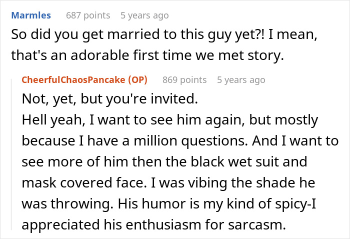 Screenshot of a Reddit conversation about a lady trying to save an elite military diver and scoring a date despite embarrassment. Screenshot of a Reddit conversation about a lady trying to save an elite military diver and scoring a date despite embarrassment.