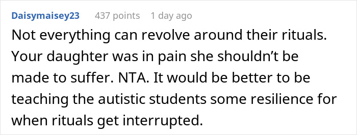 Comment discussing mom standing her ground on prioritizing injured child over autistic student’s needs and resilience teaching. Comment discussing mom standing her ground on prioritizing injured child over autistic student’s needs and resilience teaching.