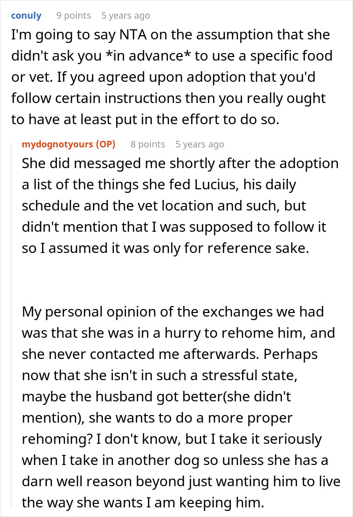 Reddit conversation about woman adopting dog and facing harassment from previous owners over name, food, and vet changes.