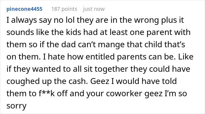 Reddit comment criticizing rude family trying to bully lady out of plane seat, highlighting entitled parents and refusal to swap seats. Reddit comment criticizing rude family trying to bully lady out of plane seat, highlighting entitled parents and refusal to swap seats.
