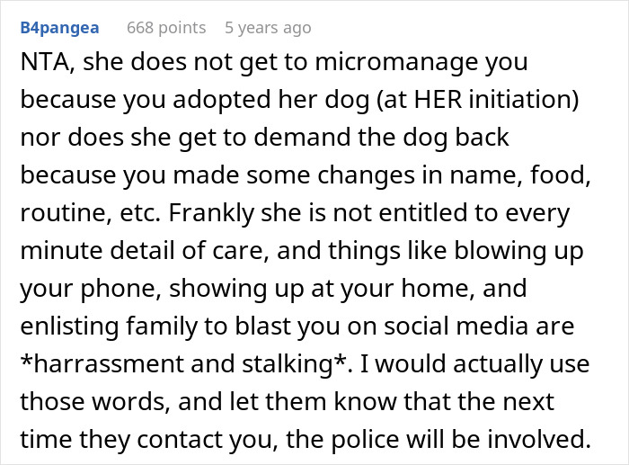 Screenshot of a Reddit comment discussing harassment from previous dog owners after adoption and changes in care.