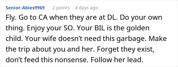 Comment advising a family separate drive Disneyland trip to focus on couple time and avoid family drama. Comment advising a family separate drive Disneyland trip to focus on couple time and avoid family drama.